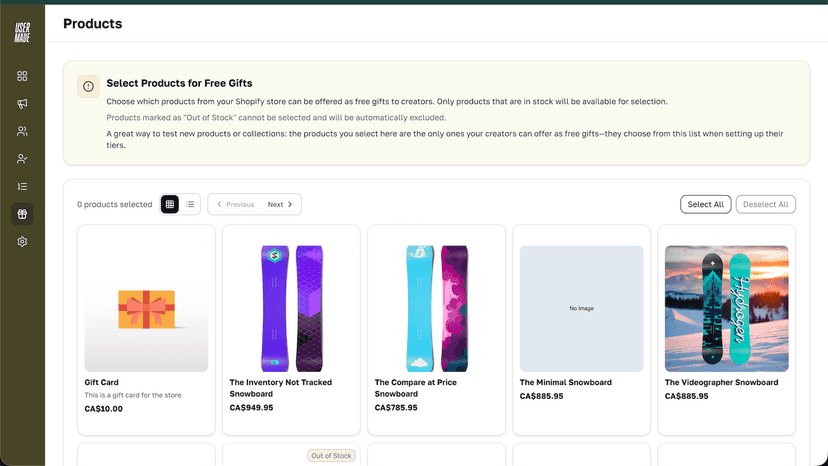 Select your products to gift