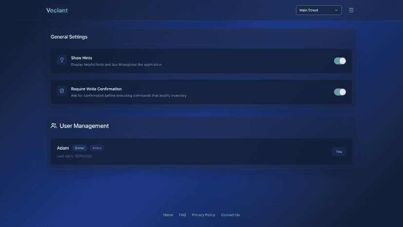 Customisable settings and user management