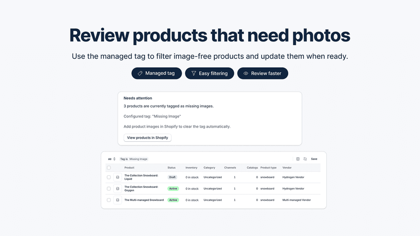 Filtered product list showing items missing photos