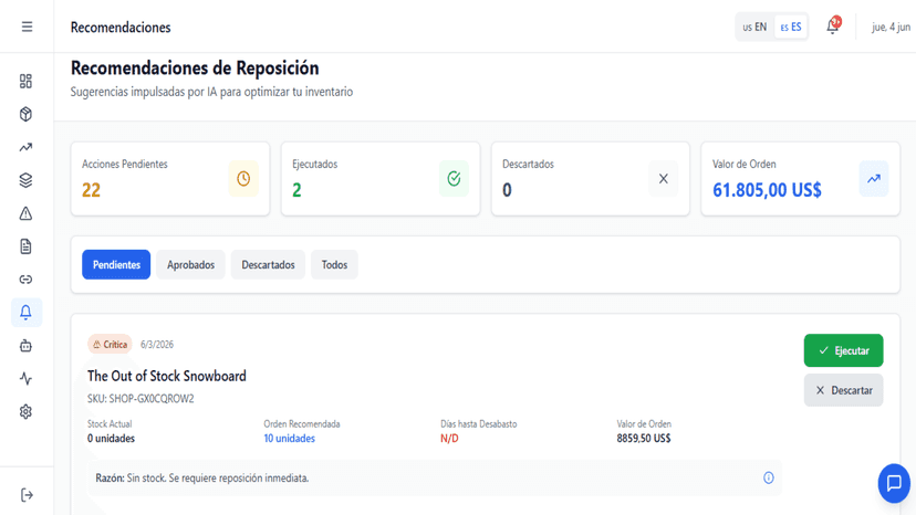 Recomendaciones de reposición inteligente impulsadas por IA.