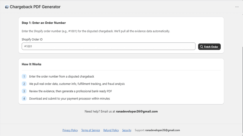 Chargeback PDF Generator showing order input and workflow.