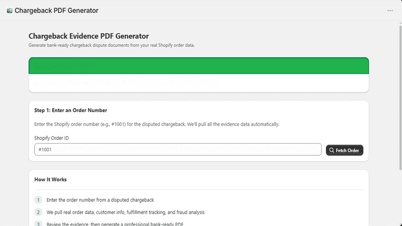 Shopify Chargeback PDF Generator with order input UI.