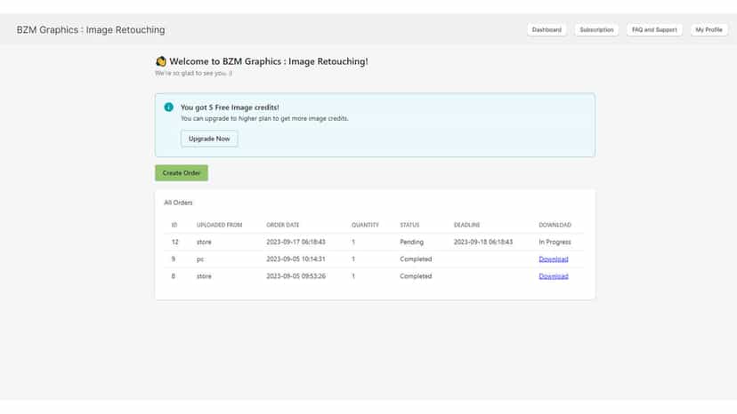 bzm dashboard orders