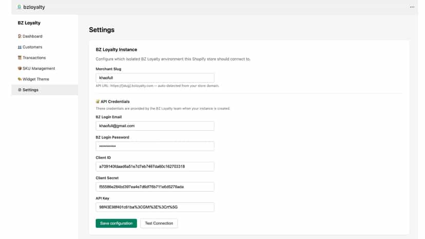 Loyalty app configuration settings inside admin panel