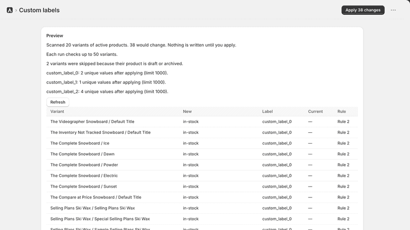 Preview of 38 pending label changes before anything is written