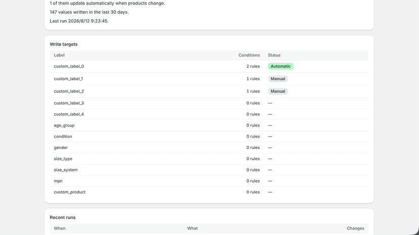 Overview listing every metafield the app can write and its rules
