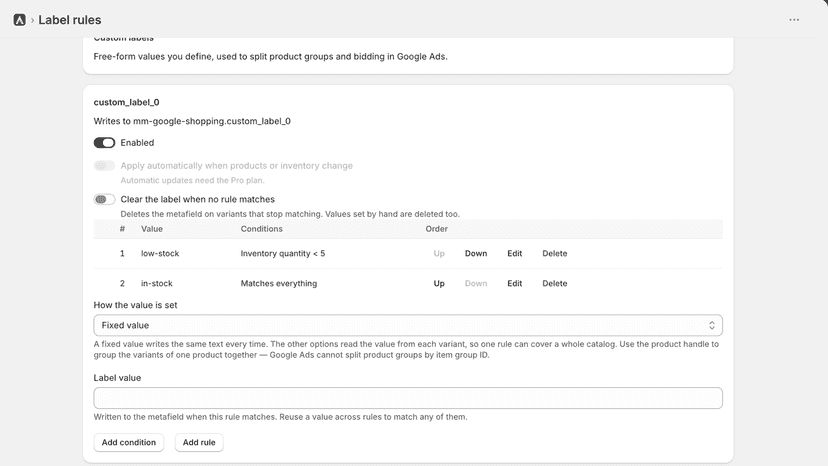 Rule list setting custom_label_0 by inventory quantity