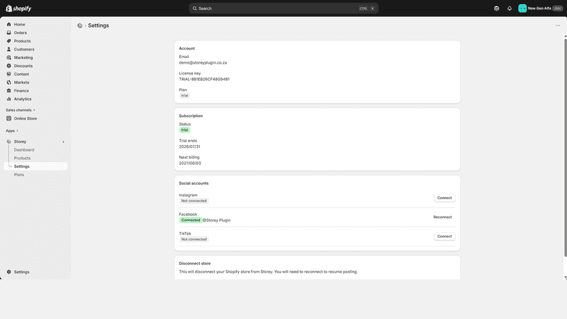 Settings page