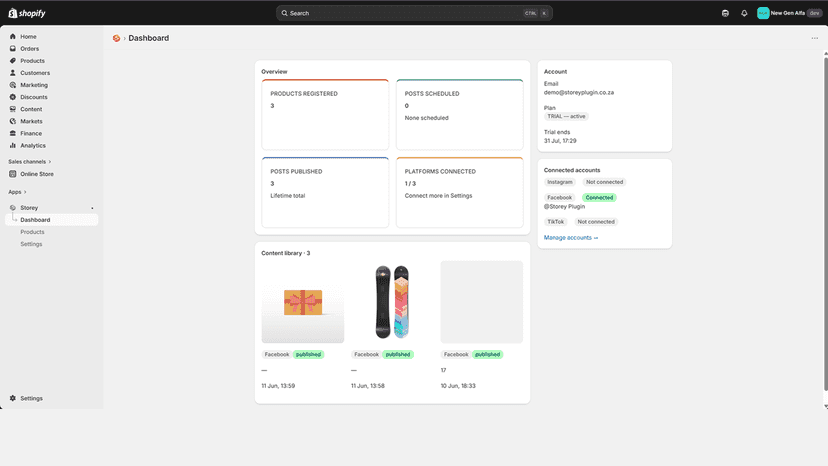 Dashboard showing generated social media posts