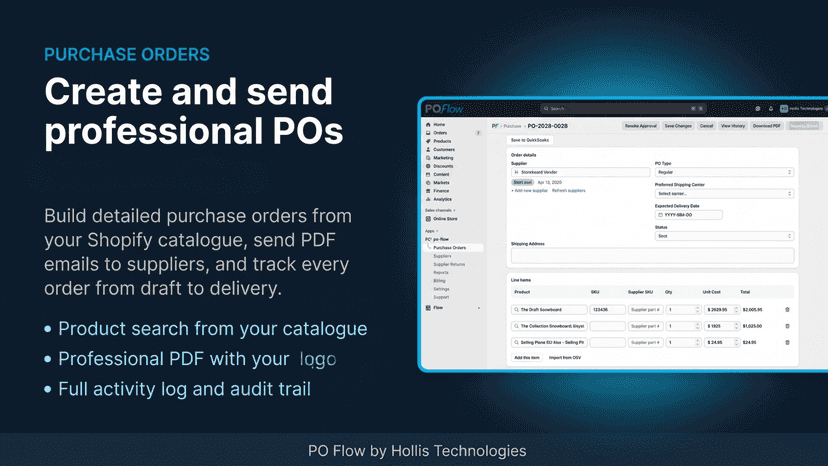 PO Flow purchase order detail page showing line items, supplier