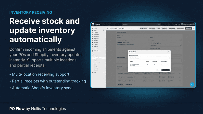 PO Flow receive stock modal showing location selector, line ite