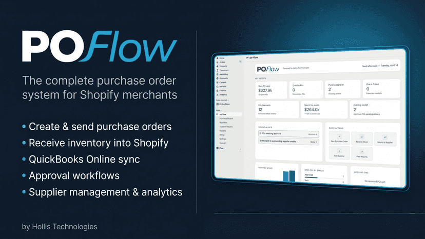 PO Flow dashboard showing purchase order metrics, urgent alerts