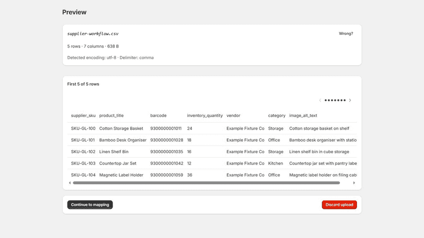 Parsed supplier file preview with detected settings