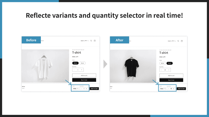 Reflecte variants and quantity selector in real time!