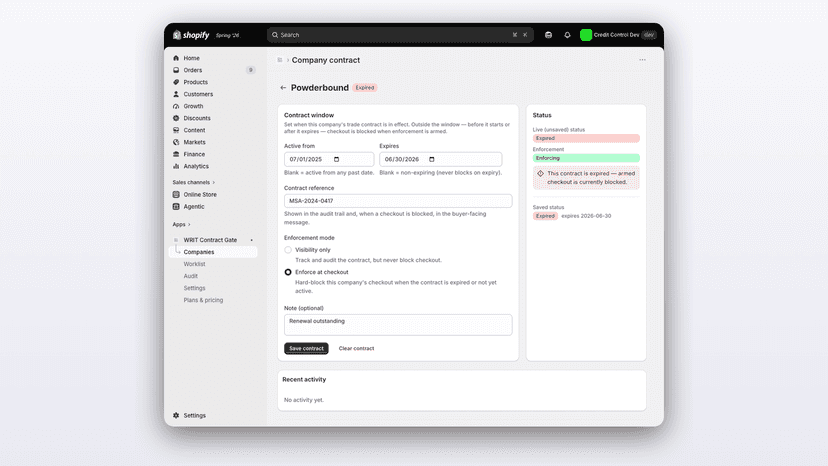 Contract exposure dashboard with active, expiring and expired B2