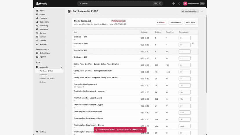 Purchase order list with statuses from draft to closed