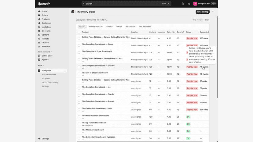 Inventory pulse showing products to reorder with suggested qty
