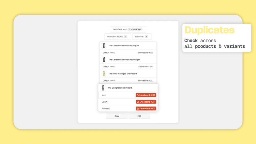 Duplicate checking, checks across all product variants for dupes