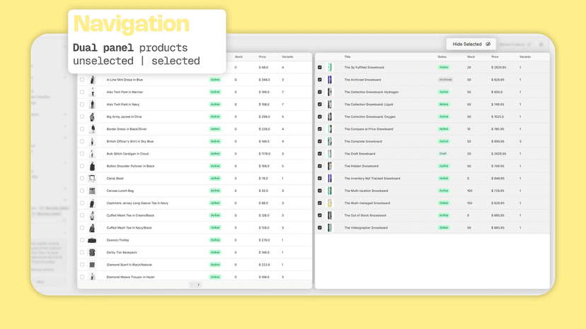 A second panel for ease navigating through selected products.