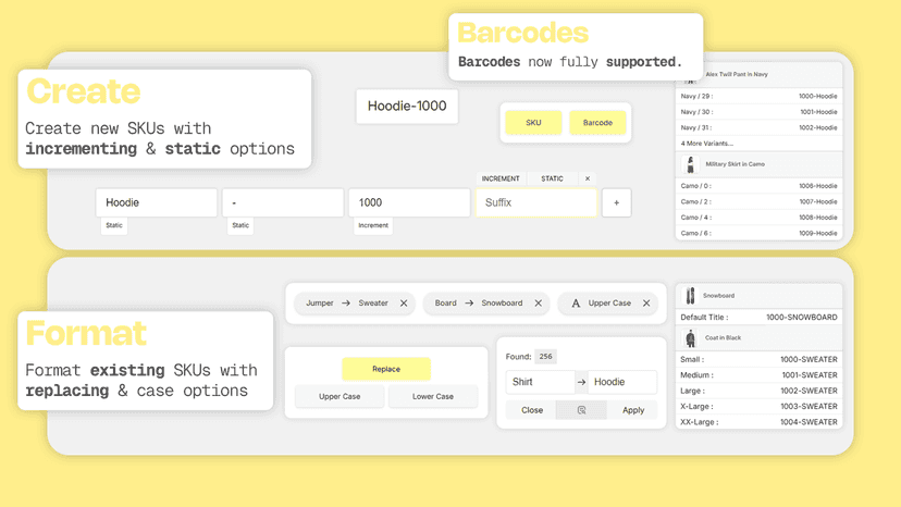 App main options for creating SKUs. Format and generate mode