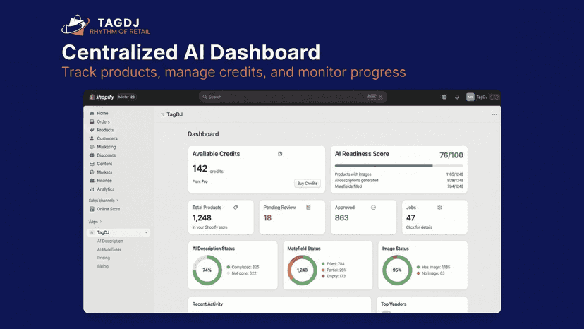 TagDJ dashboard showing product sync and optimization stats
