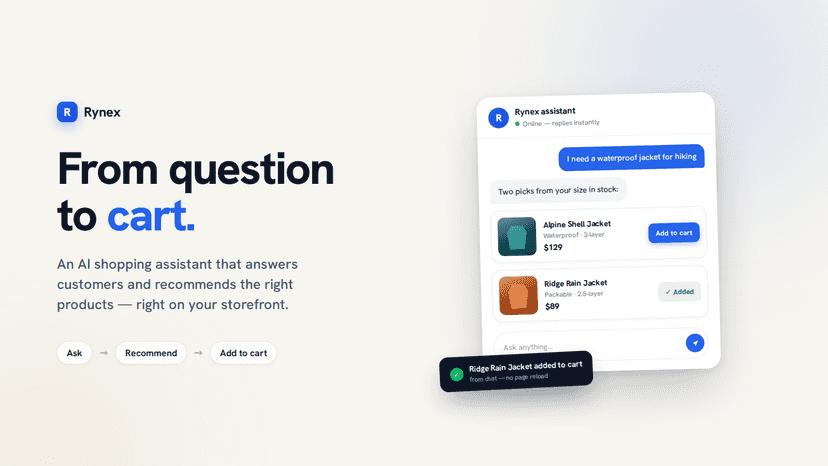 Rynex AI chat recommends products and adds them to cart