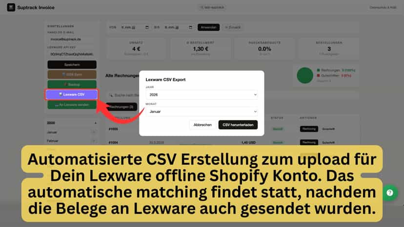 CSV für Shopify offline Konto im Lexware. Belege werden gematcht