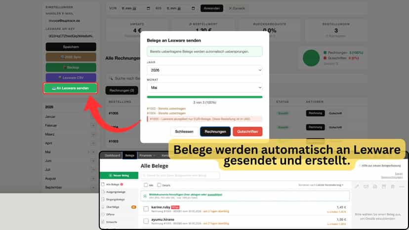 Synchronisierte Belege kann man automatisch an Lexware senden