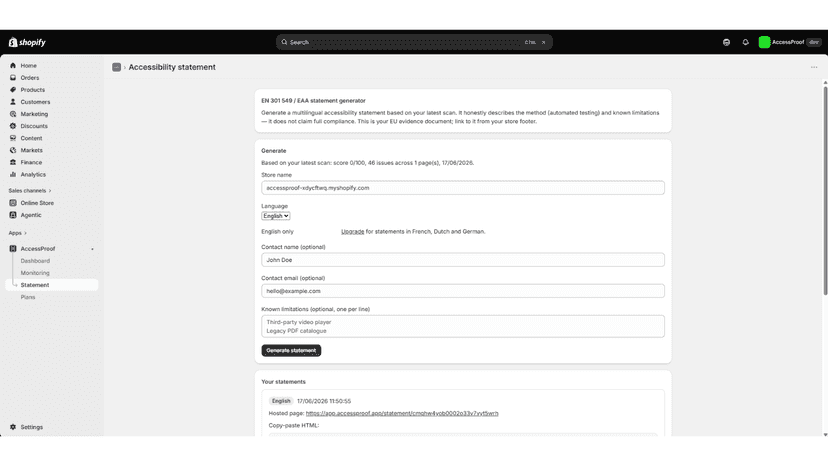 Generate a multilingual accessibility statement from a scan