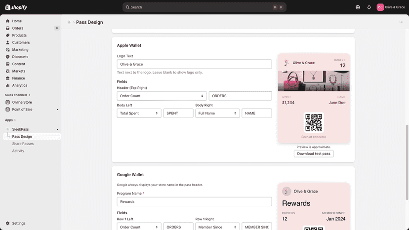 Pass field editor with live Apple Wallet preview