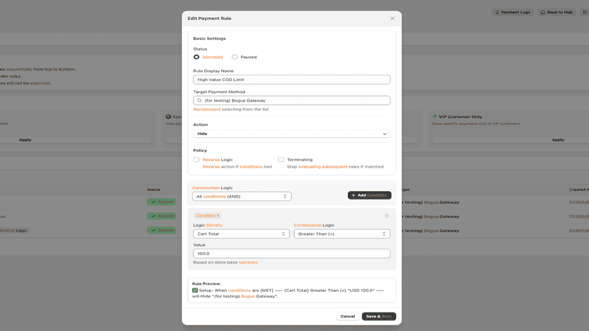 Editing a checkout rule to hide payment methods.