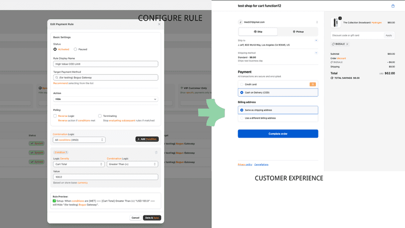 Admin rule to hide Bogus and the checkout result for $62.