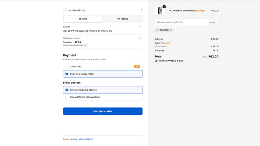 Customer checkout view with customized payment options.