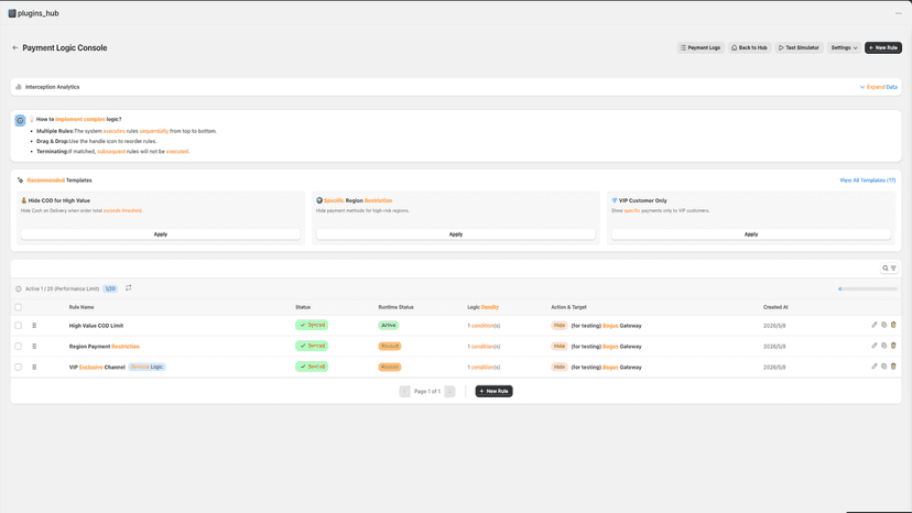 Plugins Hub dashboard showing the payment rules list.