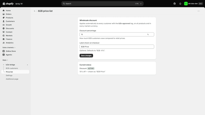 Price list page showing wholesale discount percentage settings