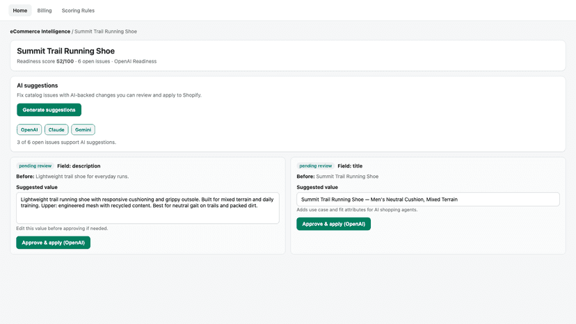 Review AI suggestions before applying to Shopify