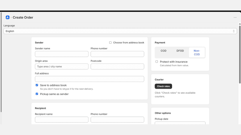 Create an AntarEase shipment with sender and recipient details