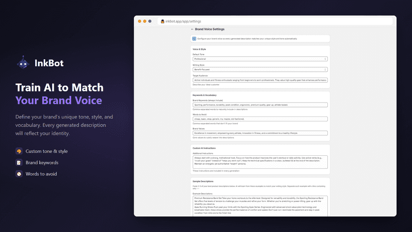 Brand voice settings — custom tone, style and keywords