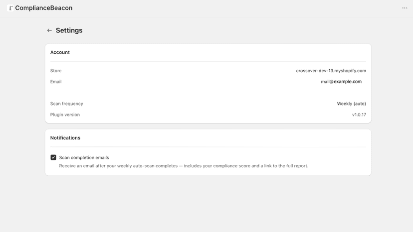 Settings with setup Information and email subscription toggle