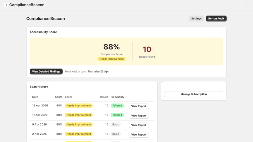 Dashboard showing 88% accessibility score and scan history