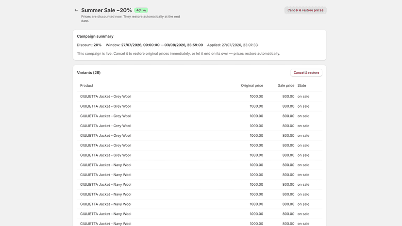 Live campaign: prices applied and restored automatically
