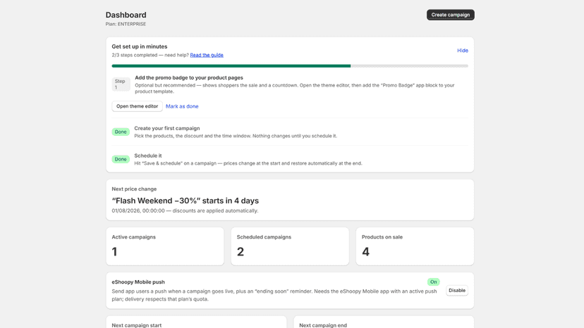 Promo Scheduler dashboard with KPIs and next change