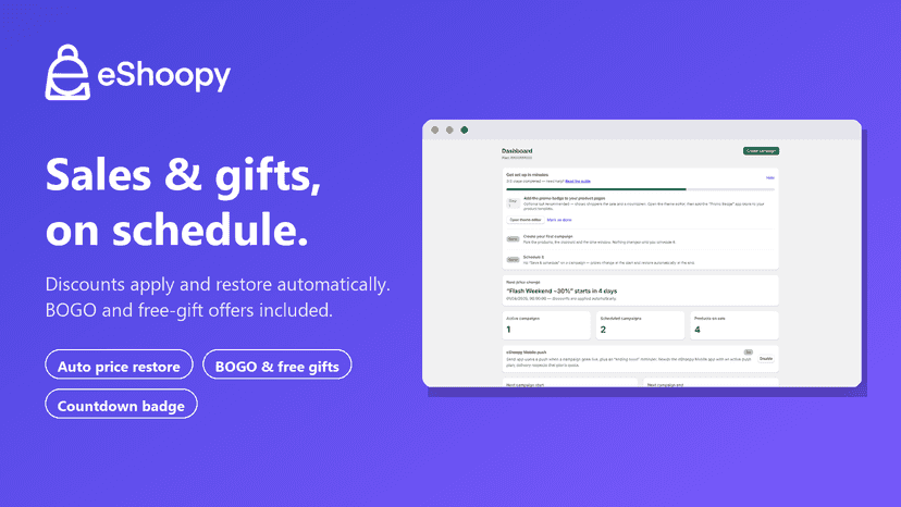 eShoopy Promo Scheduler — scheduled sales, BOGO and gifts