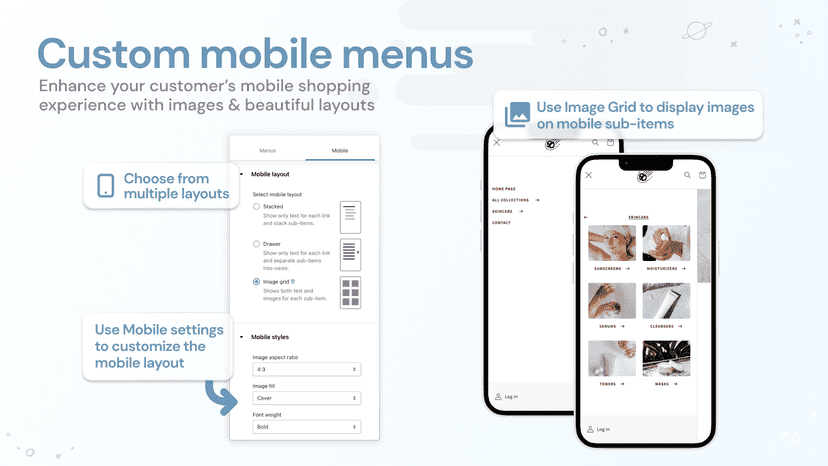 Customizable mobile menus with images and multiple layouts