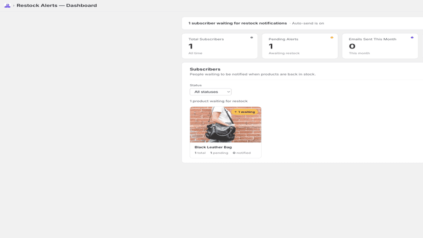 Restock Alerts dashboard with subscriber stats and product card.