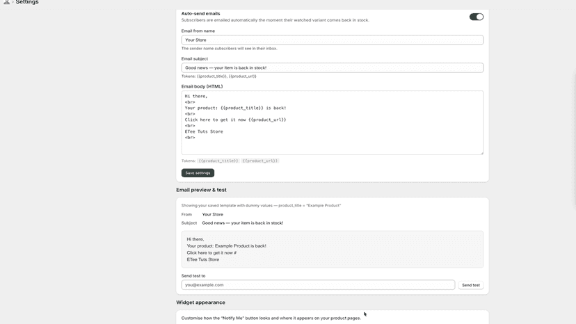 Live preview of the back-in-stock email template before sending.