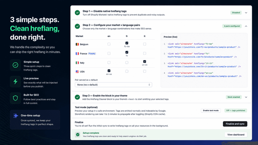 Three-step onboarding: disable, configure, enable block.