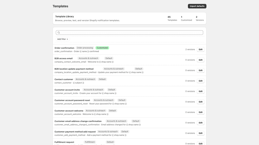 Searchable template library for notification emails