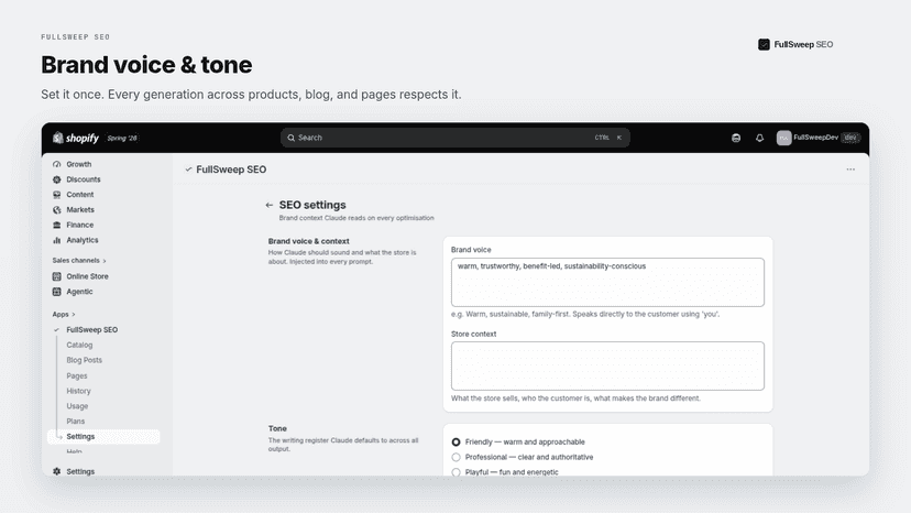 Settings — brand voice & tone