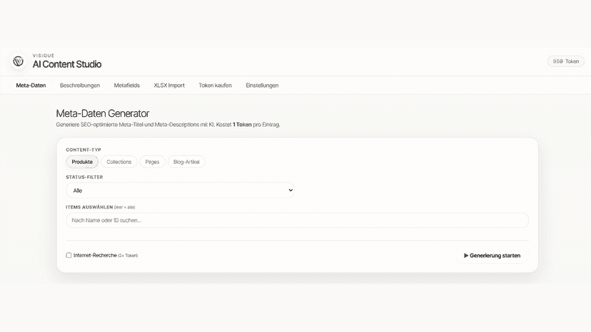 Meta-Daten Generator für Shopify-Inhalte mit KI